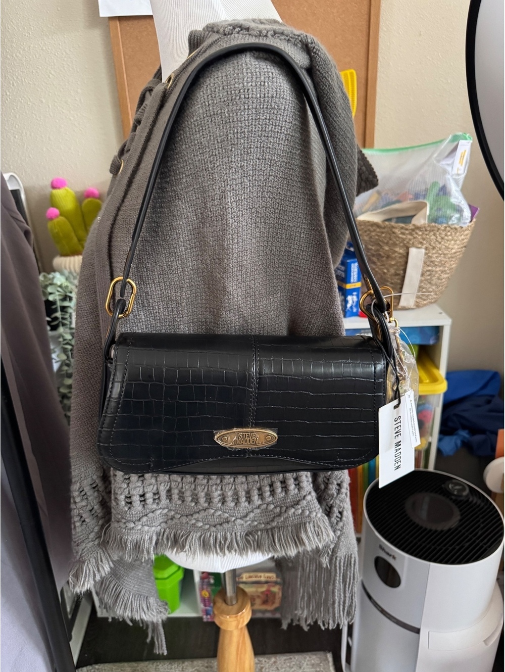 Steve Madden Black Croc-Embossed Shoulder Bag with Charm
